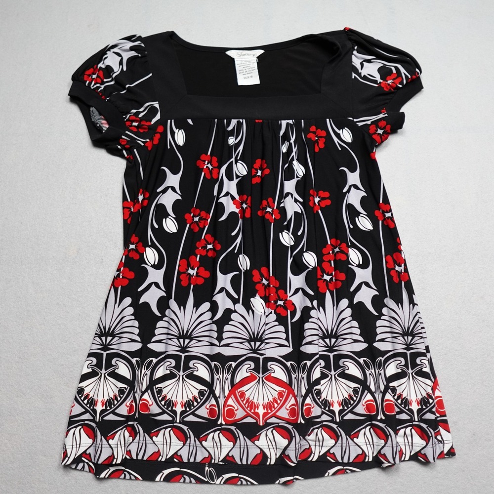 Speechless Tunic Top Women Small Black Red Floral Art Nouveau Puff Sleeve Boho